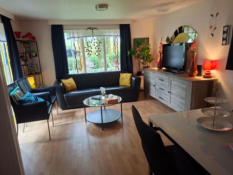 Woonkamer met zwarte bank, salontafel en grote ramen